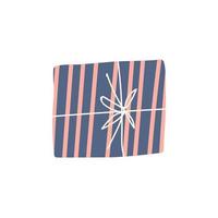 Blue gift box with pink stripes. Drawn birthday, New Year and Christmas present isolated. Vector illustration of a cute gift box with a ribbon on a white background.