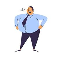 Screaming man isolated. Cartoon fat man stands akimbo. An irritated person in a blue shirt and trousers stands in a pose on a white background. vector