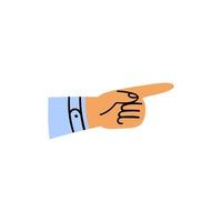 Cartoon hand pointing to the right. One arm in a sleeve with a forefinger in a blue shirt. Hand drawn hand pointing gesture on white background. Vector stock illustration of body part isolated.