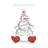 Cute snowman wrapped in a garland. Hand-drawn doodle snowman in felt boots and mittens isolated. Vector illustration of a winter character on a white background.