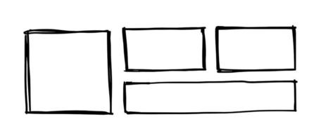 cuadrados y rectángulos dibujados a mano. conjunto de marcos en negrita vectoriales dibujados. ilustración común de bordes geométricos arbitrarios aislados sobre fondo blanco. vector