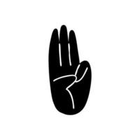 Three fingers up. Cartoon hand gesture. Black silhouette of a hand on a white background with index, middle, and ring fingers. Vector stock illustration of a gesture showing the number three.