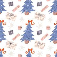 Christmas seamless pattern. Festive bright pattern with a Christmas tree and gifts. Vector stock illustration on white background with stars.