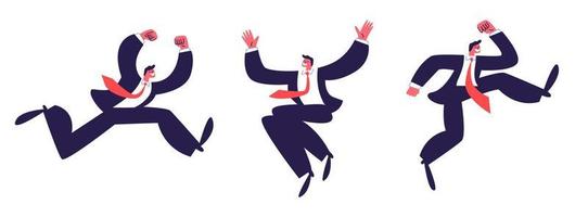 Happy jumping man isolated. A set of office men in suits wearing a red tie happily bouncing and waving their arms and legs. Vector stock illustration on white background.