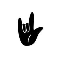 Cartoon hand gesture. Black silhouette of a hand on a white background with a forefinger, pinky and thumb. Vector stock illustration of a cool gesture.