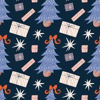 Christmas seamless pattern. Festive bright pattern with a Christmas tree and gifts. Vector stock illustration on blue background with stars.