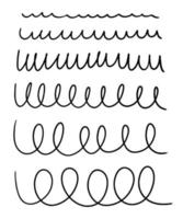 Set of spiral wavy doodle lines. Hand-drawn collection of doodle curls from small to large loops. Vector illustration graphic elements isolated on white background.