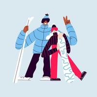 Happy skiers isolated. Woman and man in warm clothes with skis and snowboard. Smiling people in ski suits posing for a photo on a blue background. vector