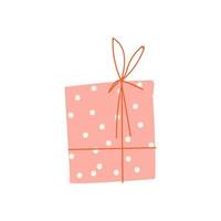 Square pink gift box with polka dots. Birthday, New Year and Christmas present isolated. Vector illustration of a cute gift box with a ribbon on a white background.