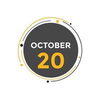 october 20 calendar reminder. 20th october daily calendar icon template. Calendar 20th october icon Design template. Vector illustration