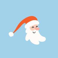 Cute Santa head. Cartoon Santa Claus on a blue isolated background. Cute festive character in a red hat. Vector stock illustration.