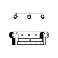 Loft style sofa with cushions and large round armrests. Minimalistic painted upholstered furniture in black on white with ceiling lights. Vector stock illustration of furniture for the interior