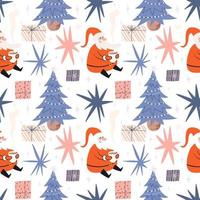 Christmas seamless pattern with Santa Claus. Festive bright pattern with a Christmas tree and gifts. vector