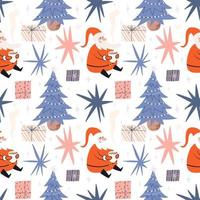 Christmas seamless pattern with Santa Claus. Festive bright pattern with a Christmas tree and gifts. vector