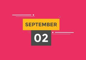 september 2 calendar reminder. 2nd september daily calendar icon template. Calendar 2nd september icon Design template. Vector illustration
