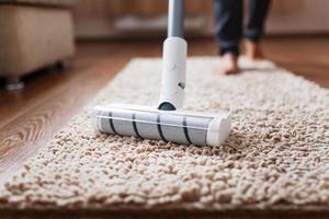 A white turbo brush of a cordless vacuum cleaner on the carpet. Indoor cleaning concept photo