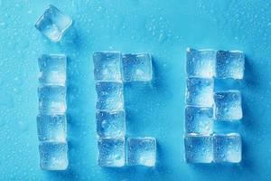 The word ICE is a pattern of ice cubes on a blue background photo