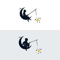 conjunto de niños pescando en la plantilla de diseño del logotipo de la luna vector