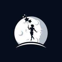 Child fly with balloons on the moon logo design vector