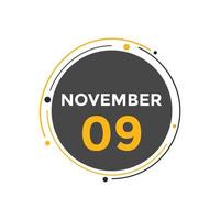 Recordatorio del calendario del 9 de noviembre. Plantilla de icono de calendario diario del 9 de noviembre. plantilla de diseño de icono de calendario 9 de noviembre. ilustración vectorial vector