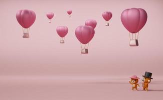 globo aerostático y oso de peluche para el fondo del día de san valentín en composición rosa pastel, ilustración 3d o presentación 3d foto