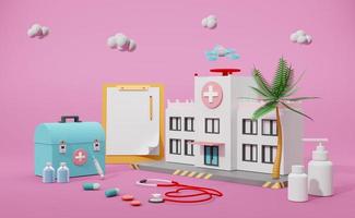 Hospital building with medical equipment in pink composition ,Concept 3d illustration or 3d render photo