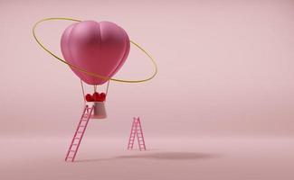 Hot air balloon with red heart shaped for Valentine's Day background in pink pastel composition ,3d illustration or 3d render photo