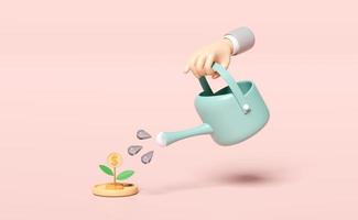 3d businessman hands holding watering can with money dollar coins stack plant isolated on pink pastel background. financial success, growth, saving money concept, 3d render illustration, clipping path photo