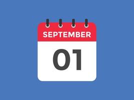 september 1 calendar reminder. 1st september daily calendar icon template. Calendar 1st september icon Design template. Vector illustration