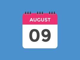 Recordatorio del calendario del 9 de agosto. Plantilla de icono de calendario diario del 9 de agosto. plantilla de diseño de icono de calendario 9 de agosto. ilustración vectorial vector