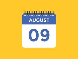 august 9 calendar reminder. 9th august daily calendar icon template. Calendar 9th august icon Design template. Vector illustration