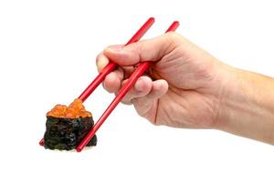 rolled sushi of salmon roe nigiri with red chopsticks isolated on white background photo