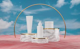 white skincare bottle blank packaging with red ocean and blue sky for modern stage display ,abstract showcase background ,concept beauty and spa, 3d illustration or 3d render photo