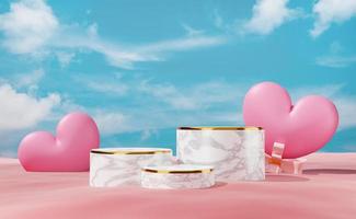 marble podium empty and heart shaped balloon with surreal red ocean landscape and blue sky for modern stage minimal display ,abstract showcase background ,3d illustration or 3d render photo