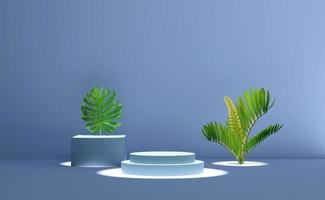 3d gray cylinder stage podium empty with palm leaf shadow, abstract geometric cosmetic showcase pedestal grey background. minimal modern scene, 3d render illustration photo