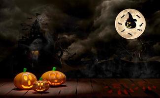 3d candle light in pumpkin on wooden table, graveyard halloween holiday party with haunted castle, full moon, flying bats, graves, fog, under the moonlight for happy halloween, 3d render illustration photo