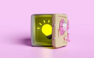 yellow light bulb in 3d open safe box isolated on pink background. idea tip saving money, business finance, banking, investment, interest concept, 3d render illustration photo