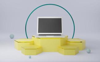 podium empty with computer laptop in gray composition for modern stage display and minimalist mockup ,abstract showcase background ,Concept 3d illustration or 3d render photo