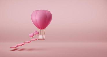 globo de aire caliente con forma de corazón para el fondo del día de san valentín en composición rosa pastel, ilustración 3d o presentación 3d foto