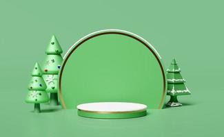 cylinder stage podium empty with christmas tree,snow,ornaments isolated on green for modern stage display and minimalist mockup ,Concept Christmas and a festive New Year, 3d illustration or 3d render photo