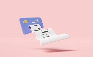 Pila de tarjetas de crédito 3d con factura, recibo en papel, pago electrónico de facturas aislado en fondo rosa. ilustración de procesamiento 3d foto