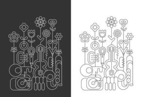 Two options of a Flowers and Musical Instruments line art vector design