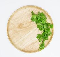 coriander on wooden dish,isolated on white background,top view photo