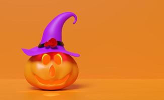 3d halloween pumpkin holiday party with Scared Jack O Lantern and candle light in pumpkin, purple witch pointed hat, minimal for happy halloween, 3d render illustration photo