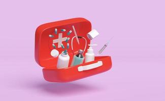 Ilustración de presentación en 3d, icono abierto del botiquín de primeros auxilios rojo en 3d aislado en fondo rosa. foto