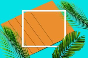 patrón de hojas de palma verde para el concepto de naturaleza, hoja tropical sobre fondo de papel naranja y verde azulado foto