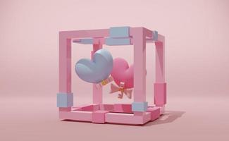 two heart shaped balloon in box with with geometric shapes in pink pastel composition valentine's day concept ,abstract background ,3d illustration or 3d render photo