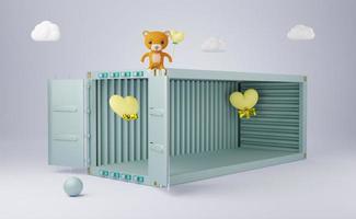 shipping container empty with yellow heart shapes and Teddy bear in gray composition for modern stage display and minimalist mockup ,valentine's day background ,Concept 3d illustration or 3d render photo