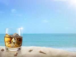 Whiskey and ice on the beside beach. 3d render photo