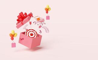 caja de regalo abierta rosa con dardos rojos o flechas aisladas en fondo rosa.venta de compras, concepto de día de navidad y año nuevo, ilustración 3d o presentación 3d foto